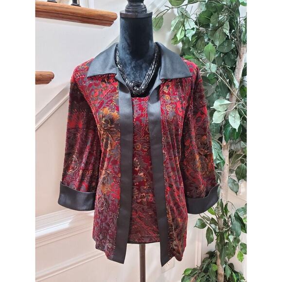 R&M Richards Women Burgundy Floral Polyester Collared Long Sleeve Shirt Size 18 - Picture 11 of 11